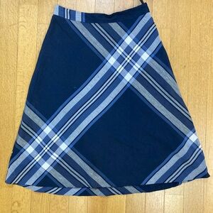 100% Linen Navy Blue and White Knee-Length A-Line Skirt Fully Lined